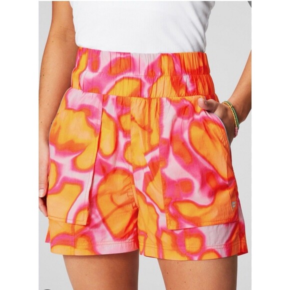 Fabletics Ultra High Waisted Piped Nylon Shorts, XL, Extra Large Pink Orange NEW - Picture 1 of 11